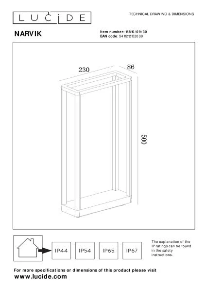 Lucide NARVIK - Borne extérieur - LED - 1x9,2W 3000K - IP65 - Noir - technique